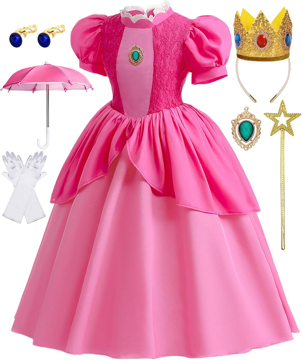 Girls Pink Casual Dress Princess Style Outfit with Accessories | Puff Sleeve Party Dress with Crown Wand Gloves Set for Birthday Daily Wear