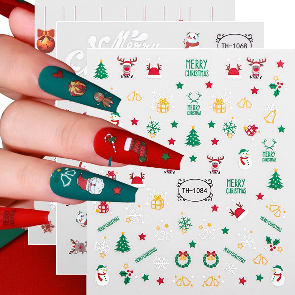8 Sheets Christmas Nail Art Stickers Decals Self-Adhesive Pegatinas Uñas Navidad Snowflake Snowman Nail Supplies Holiday Nail Art Design Decoration Accessories