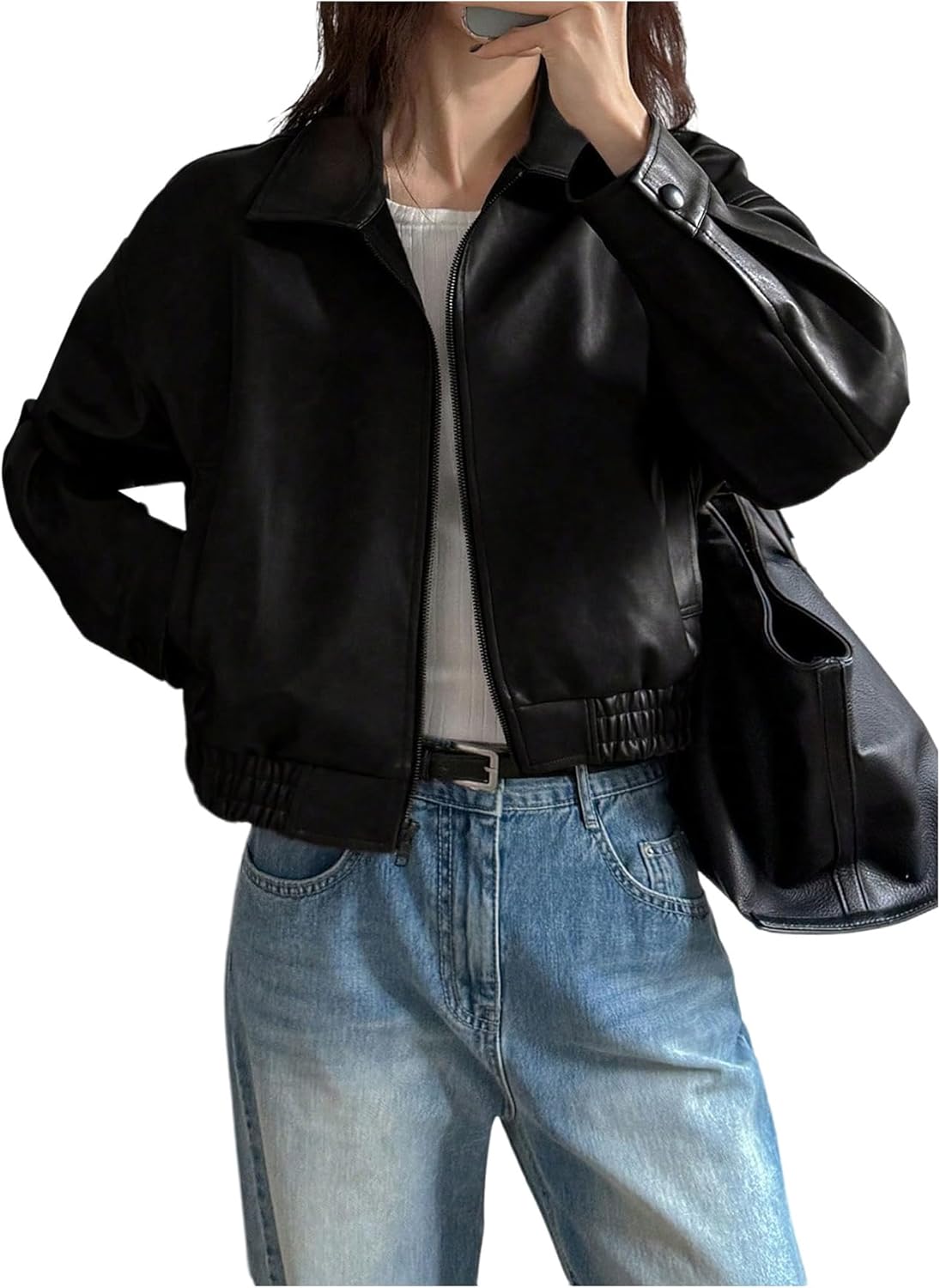 Milumia Women's Faux Leather Zip Up Jacket Vintage Collared Long Sleeve Motorcycle Jackets