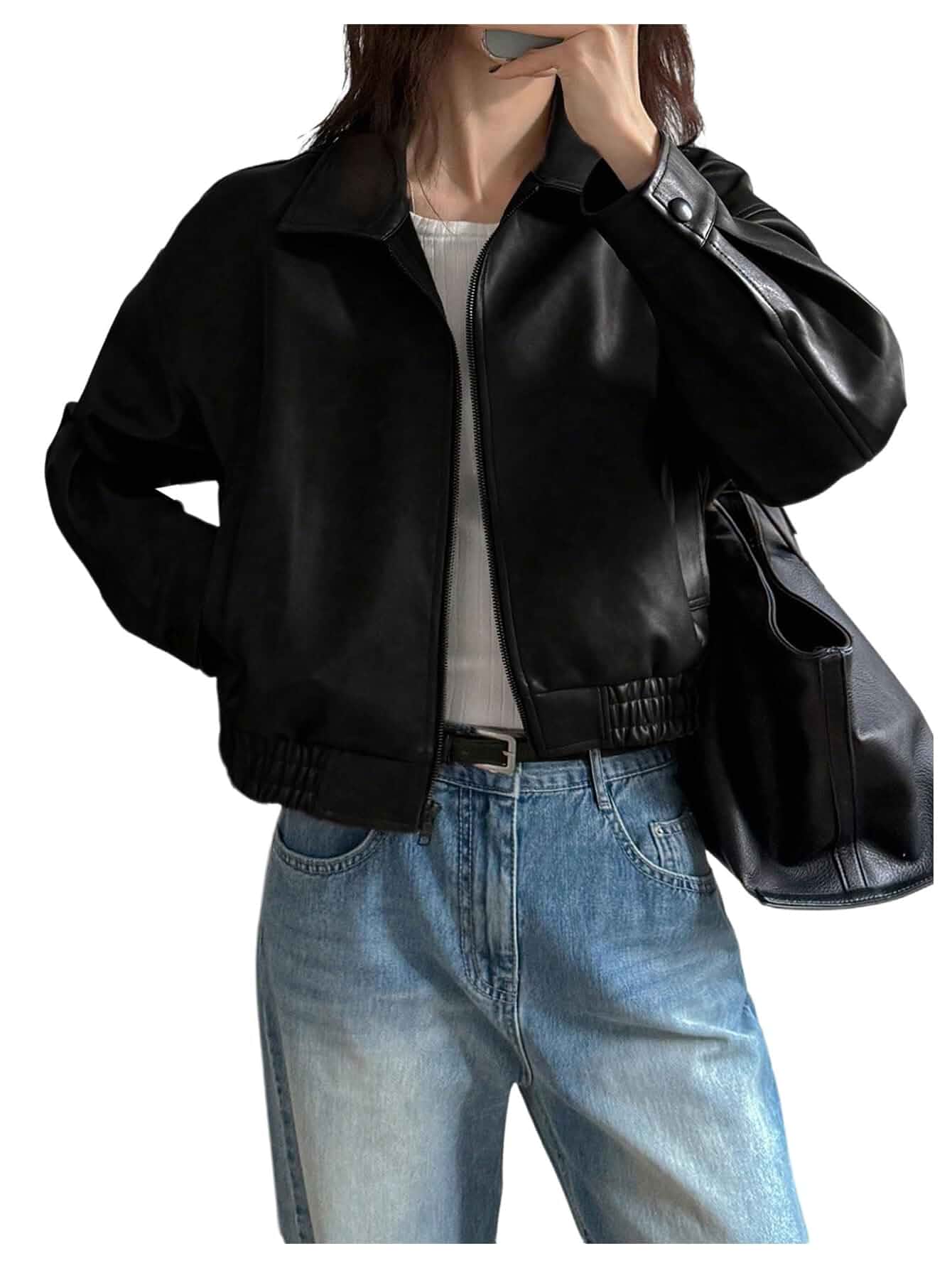 Milumia Women's Faux Leather Zip Up Jacket Oversized Bomber Cropped Coats Vintage Motorcycle Jackets, Long Sleeve, Music Concerts, Fall Spring Winter, Retro Boyfriend Biker Coat