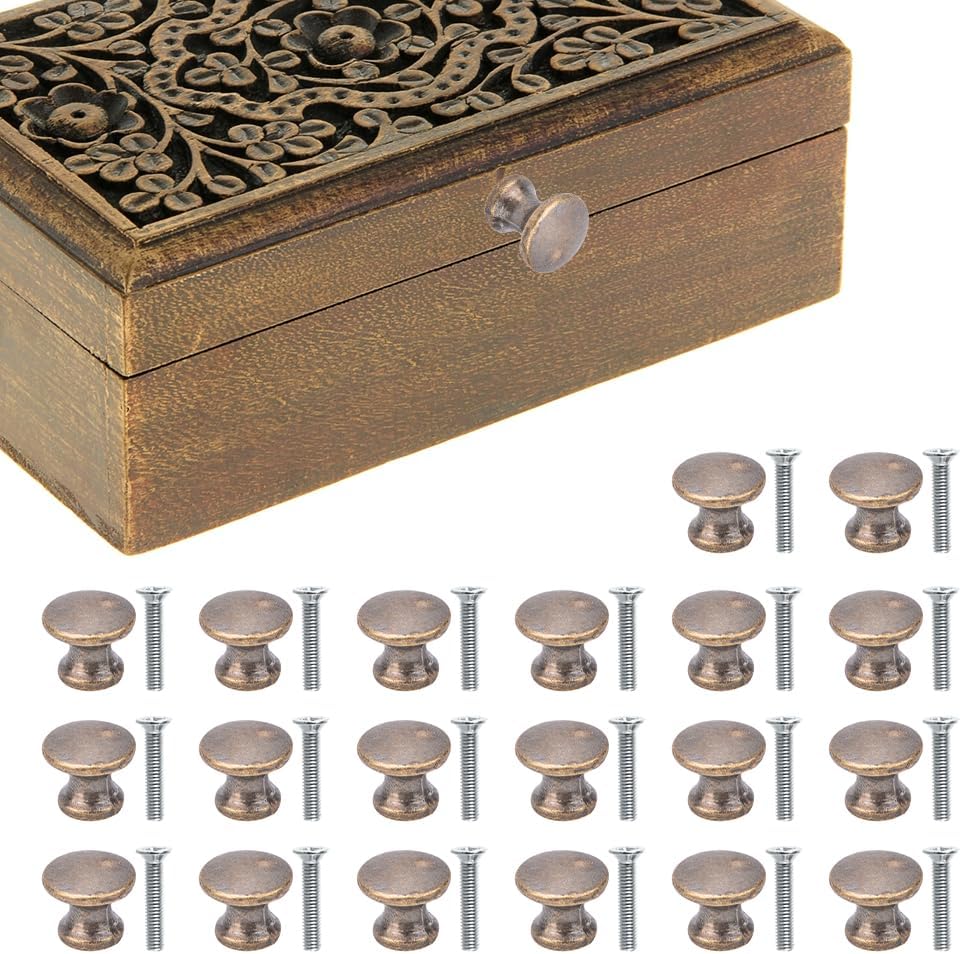 Mini Box Cabinet Knob, Drawer Round Head Pull Handle Decorative Jewelry Box Dresser Closet Chest Door Knobs Antique Vintage Metal Cupboard Wardrobe Handles with Mounting Screws Wood Gift Case 20Pcs