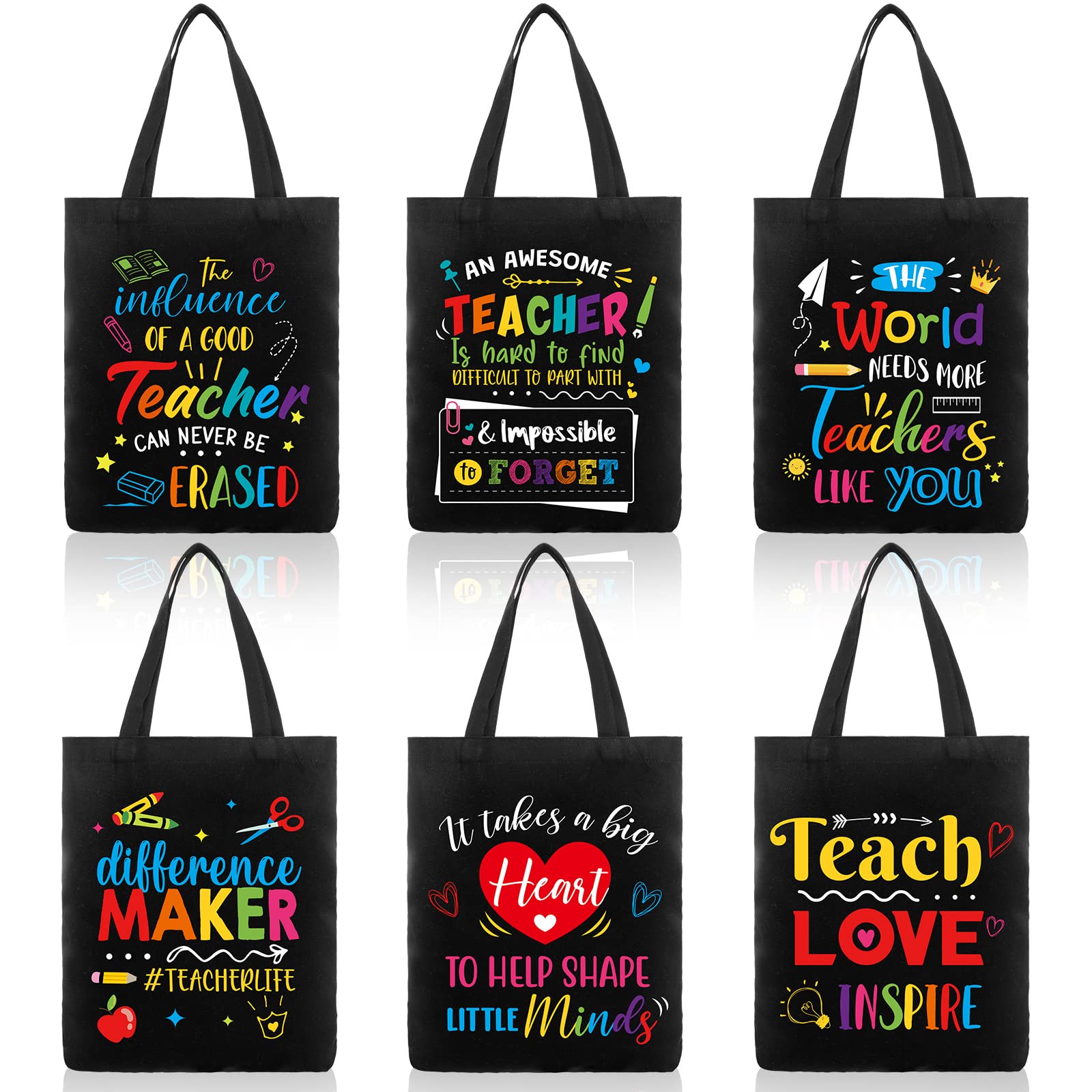 Sumind 6 Pcs Teacher Appreciation Gift Canvas Teacher Tote Bags Thank You Gift for Women Reusable Rainbow Bags