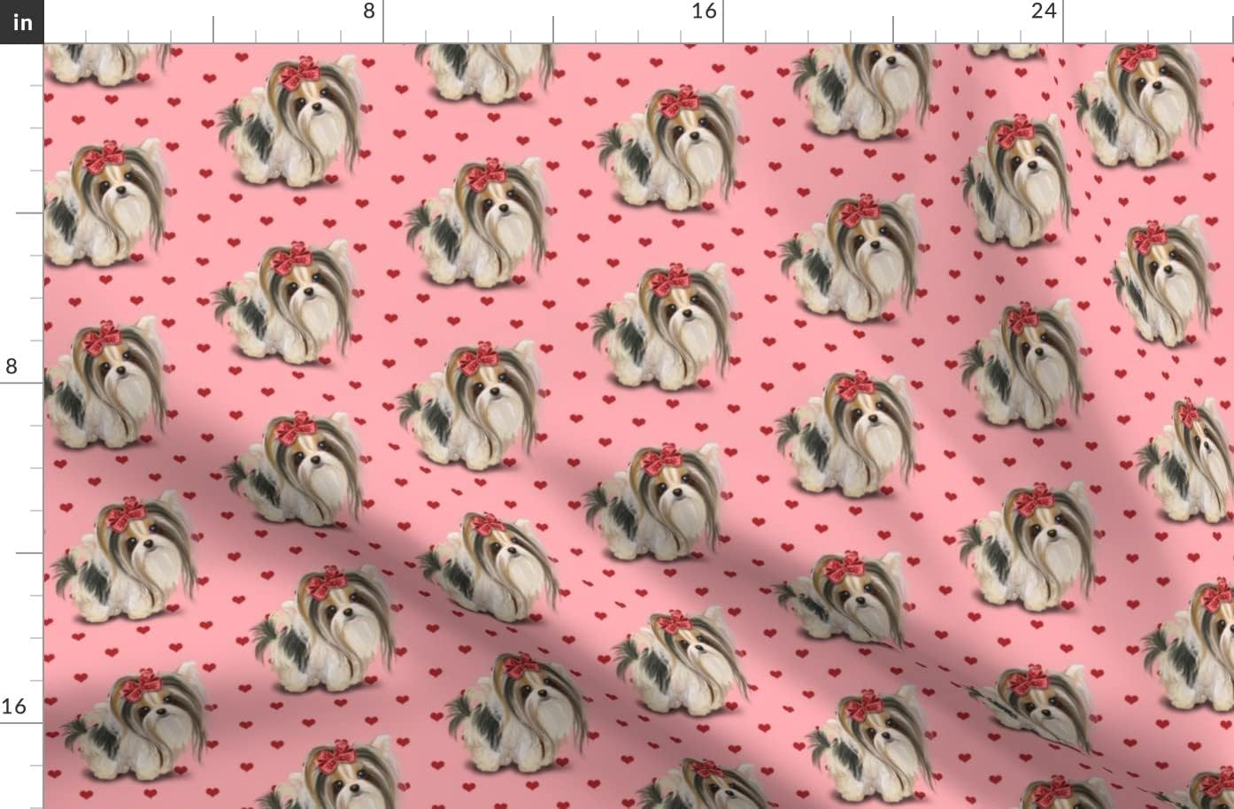 Spoonflower Fabric - Biewer Yorkie Pink Hearts Yorkshire Dog Puppy Printed on Organic Cotton Sateen Fabric by The Yard - Sewing Quilting Apparel Home Decor
