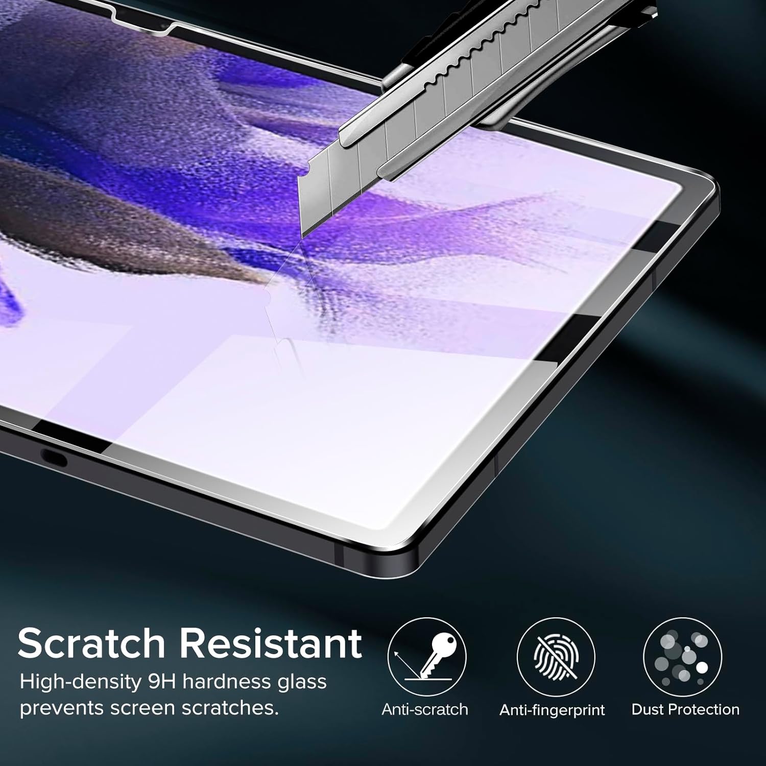Image demonstrating the scratch resistance of the screen protector against a utility knife, with icons for anti-scratch, anti-fingerprint, and dust protection.