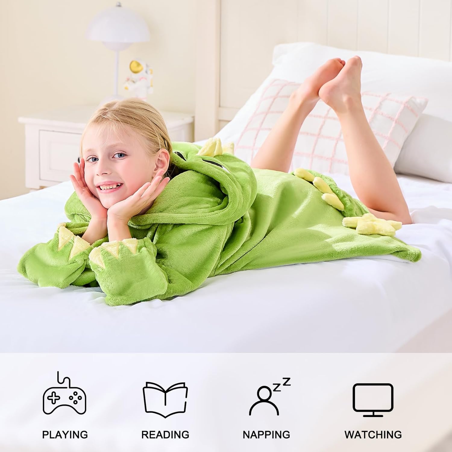 IFNOW Wearable Blanket Hoodie Kids, Oversized Fleece Blanket Sweatshirt Christmas Birthday Gifts for Boys, Girls, Teen Hoodie with Portable Foldable Blanket Pillow, Embroidery 5-15 Years, DinoPear - Image 5