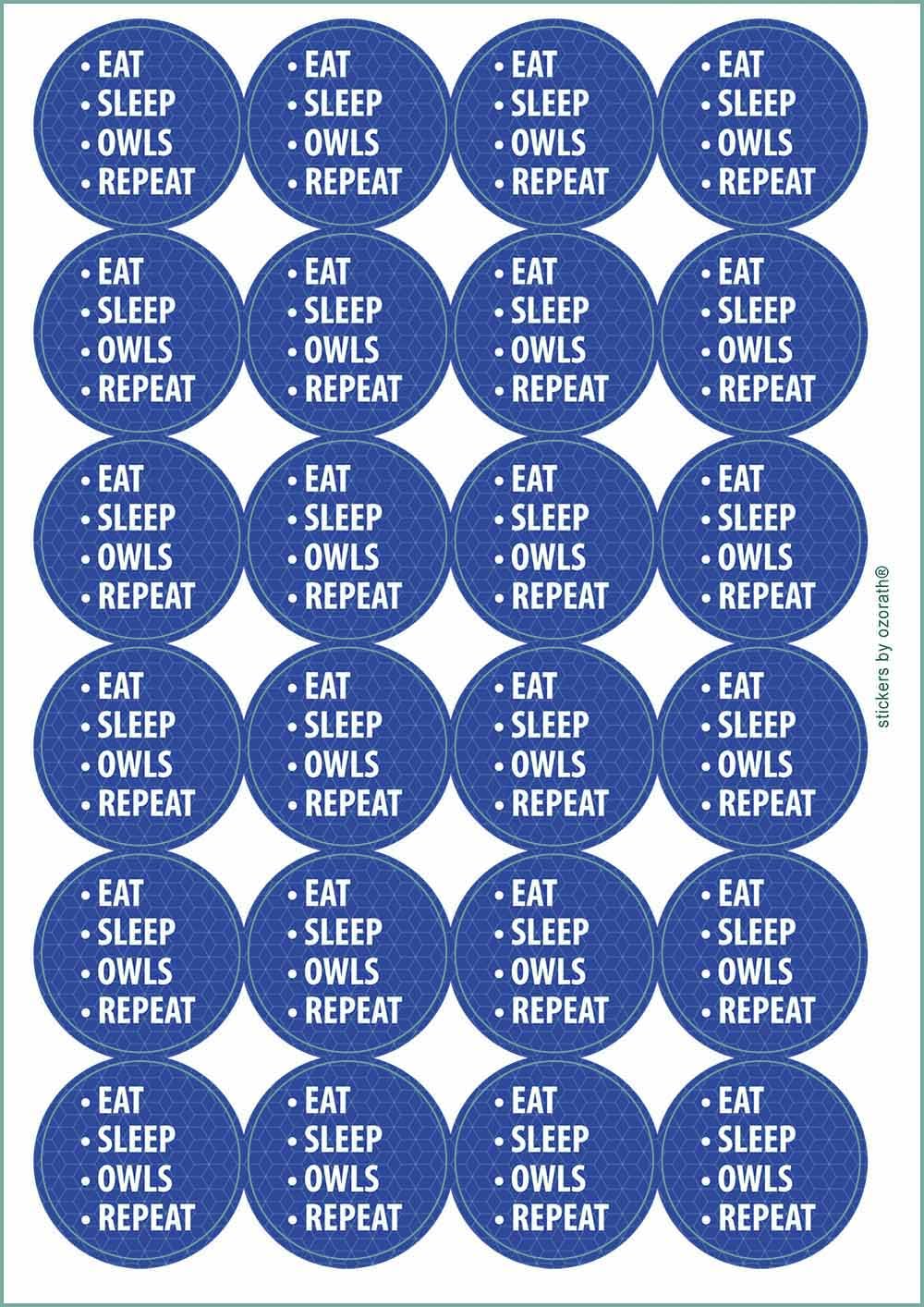 Eat Sleep Owls Repeat Circular Matt Paper Stickers A4 Sheet of 24 (Each Sticker is 45mm Diameter)