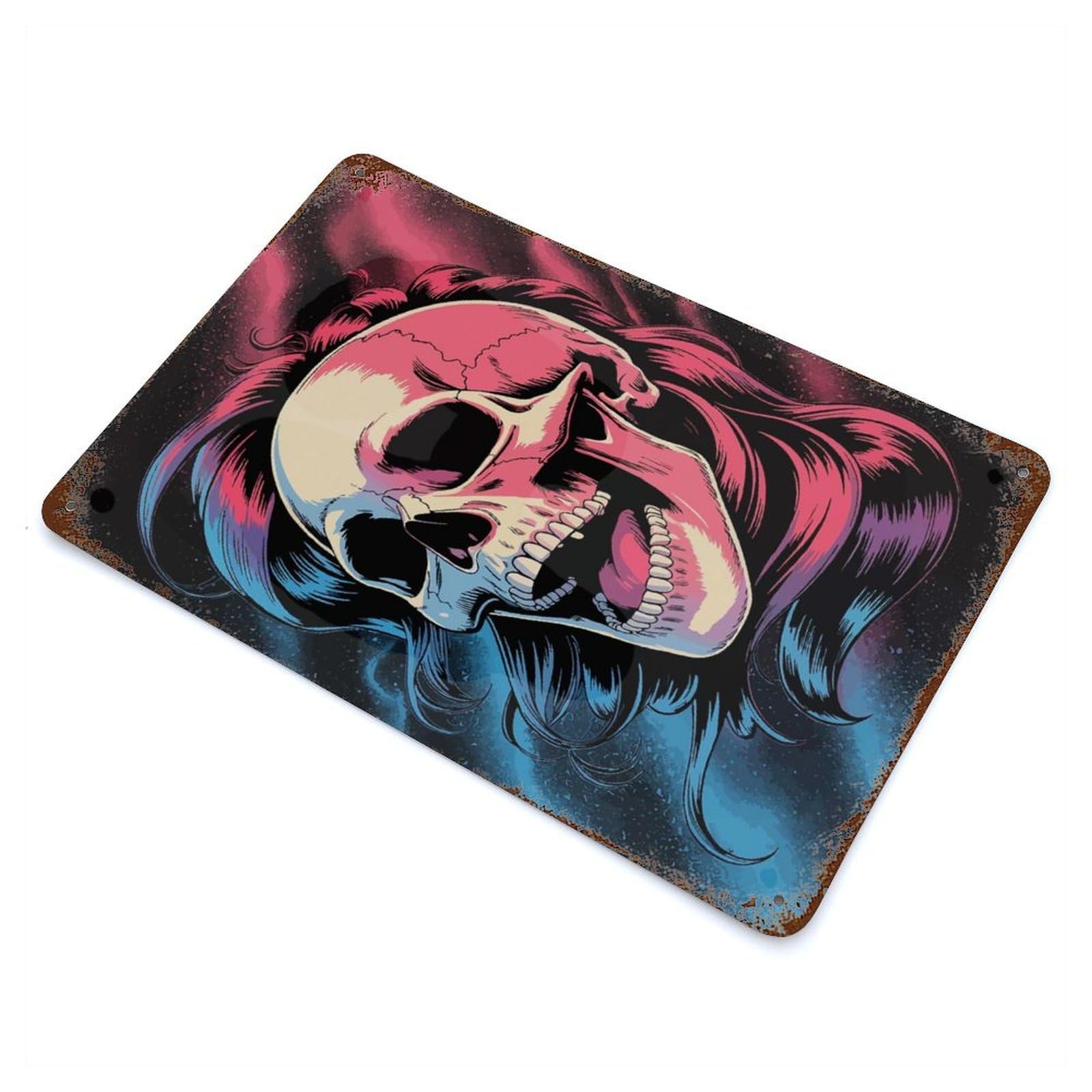 Aged Metal Wall Plaque with Skull with Hair Digital Art Design 11.8"x7.9", for Basement, Hobby Room And Garage Decor, Farmhouse Wall Decor