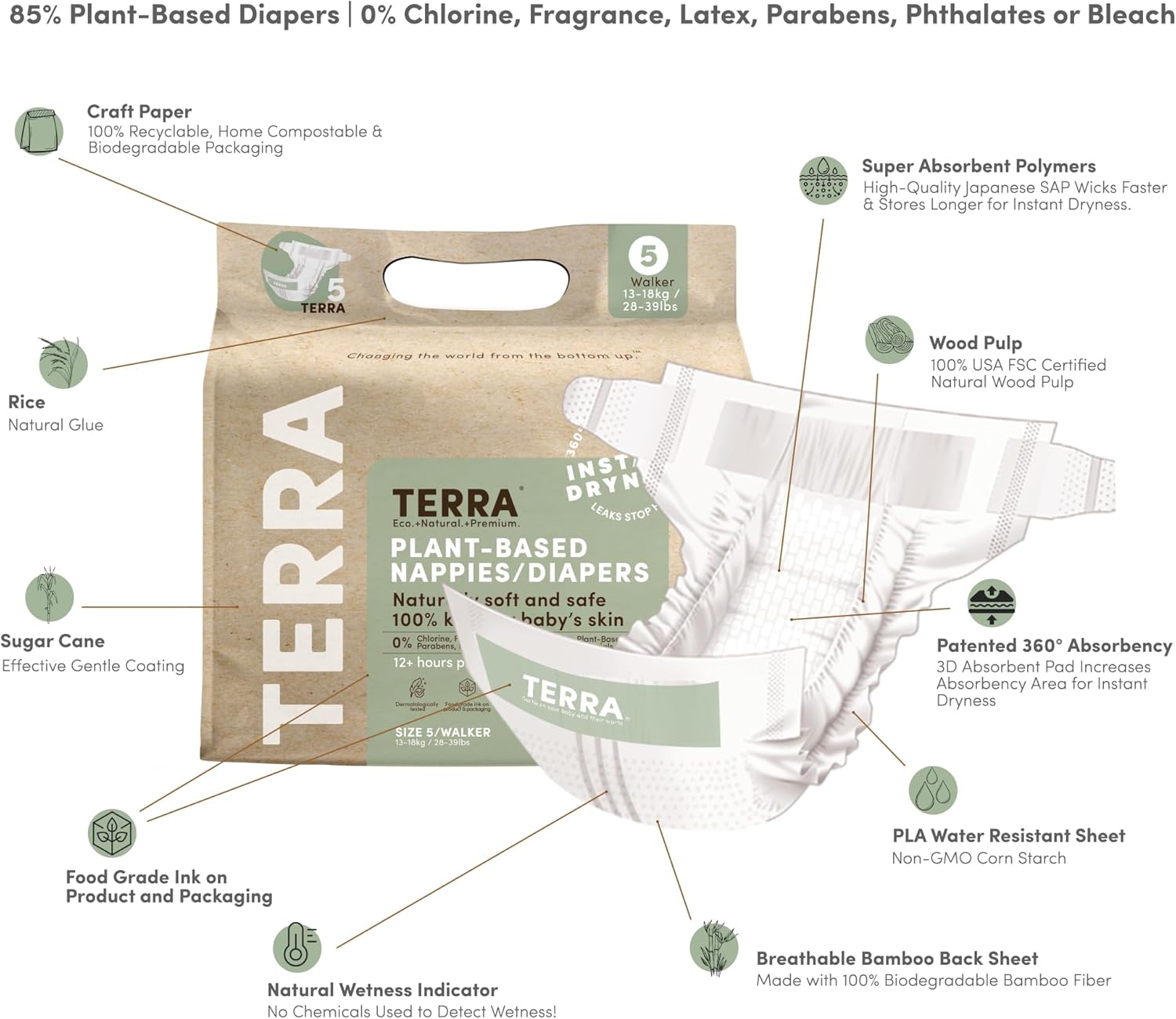 Terra Diapers Size 5: 85% Plant-Based Diapers, Ultra-Soft & Chemical-Free for Sensitive Skin, Superior Absorbency for Day or Nighttime Diapers, Designed for Toddlers 28-39 Pounds, 128 Count