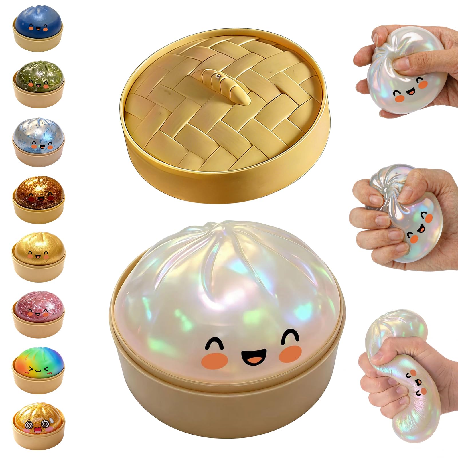 Glitter Dumpling Squishy,Dumpling Squishies,Glitter Dumpling Mystery Box,Colorful Dumpling Stress Balls Fidget,Jumbo Squishy Toy with Steamer Box,Soft Squeeze Decompression Dough (Glitter White)