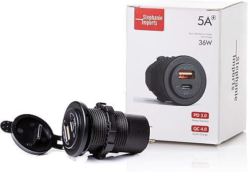 Enchufe dual USB tipo C PD 3.0 (36 W) + USB A QC4.0 (18 W) cargador rápido para automóvil, barco, marina y caravanas