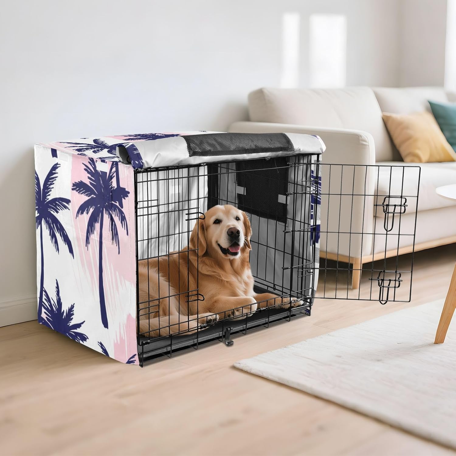 Navy Blue Palm Trees Pet Cage Cover with Mesh Windows, UV-Resistant Dog Create Cover, Large