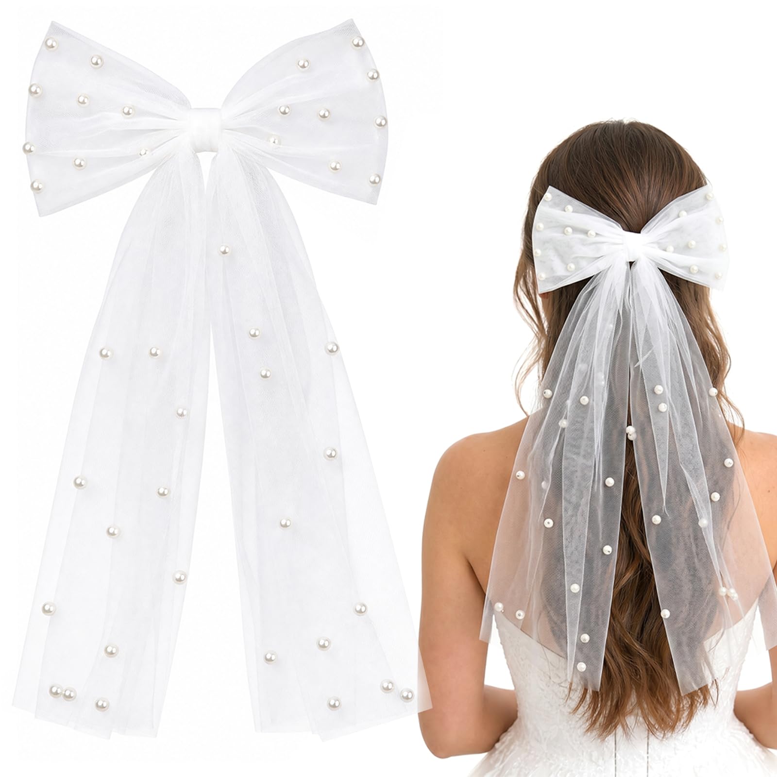 FACHOI Bride to Be Veil, Hen Party Accessories, Bridal Hair Bow Veils with Pearl, Hen Do Veil Accessories for Wedding Bridal Shower Bachelorette Party Decoration F6-WSZZFJ (White)