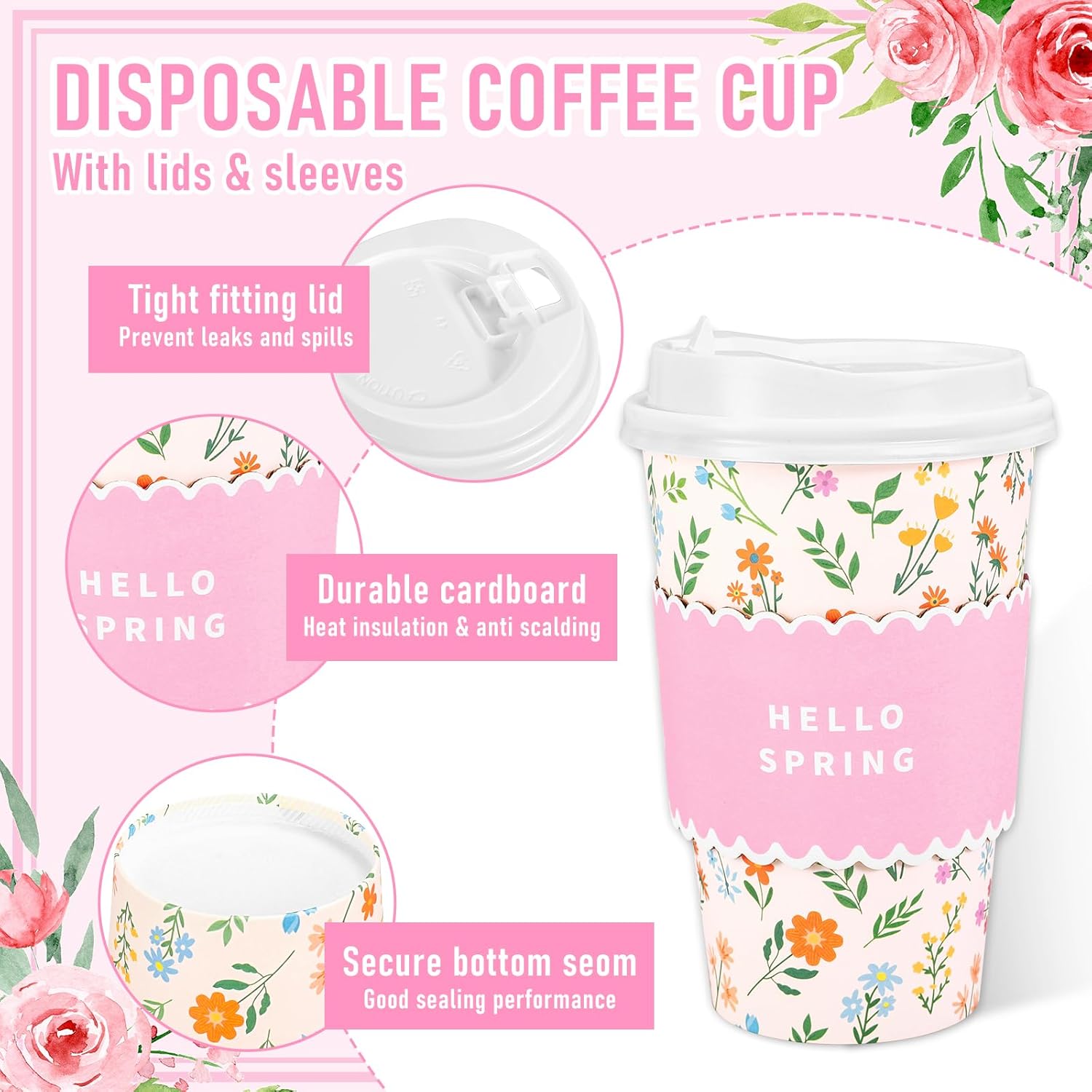 Whaline 50 Set Spring Floral Disposable Coffee Cups with Lids and Sleeves 16 Oz Colorful Hello Spring Themed Wildflower To Go Paper Drinking Cups for Wedding Birthday Baby Shower Party Supplies