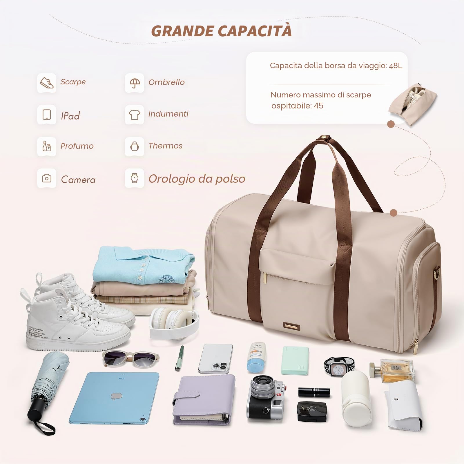 Borsone da Viaggio Donna Convertibile 2 in 1 Borsone Palestra Borsa Sportiva con Scomparto Scarpe, Grande Capacità Borsa da Appendere Gym Bag, 48L, Albicocca