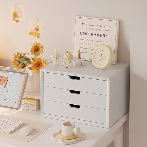 Miniatura 5 de ALEX - Organizador de escritorio con 3 cajones, elegante organizador de maquillaje cosmético de madera blanca para oficina, tocador, mesa,