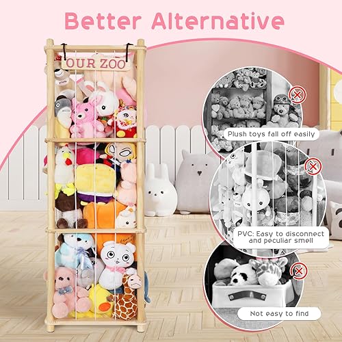 Miniatura 7 de Almacenamiento de animales de peluche extra grande para organizador de esquina, material de madera de alta calidad con cordón elástico para hasta