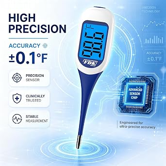 FDK Large LCD Screen Digital Thermometer for Fever, 8 Seconds Fast & Accurate Readings, Large LCD Dual Color Backlight Flexible Tip Ideal for Adults Kids and Babies FSA