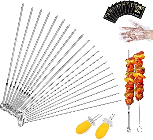 Brochetas Kabob de 20 piezas pinchos planos largos de metal para asar a la parrilla, pinchos de acero inoxidable de 15 pulgadas para barbacoa y