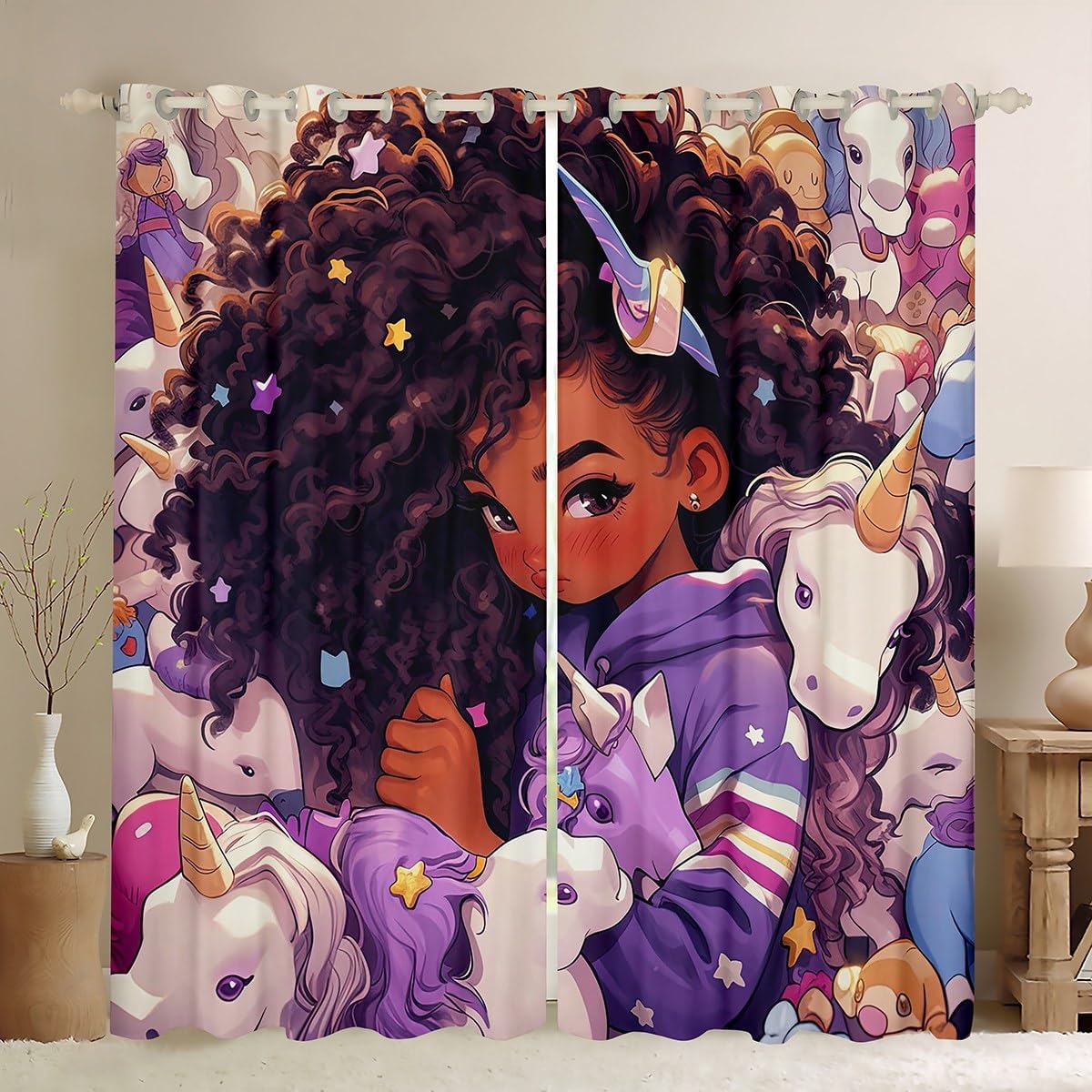 Black Hair Girls Blackout Curtains Cartoon Unicorn Curtains 2 Panels 42"Wx63"L,American African Kids Curtains & Drapes Cute Afro Melanin Princess Curtains,Magical Animal Horse Rainbow Room Decor