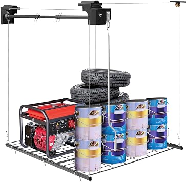 Garage Lifting Storage Rack, 250lbs Adjustable Overhead Garage Storage Rack Heavy-duty 4x4 FT Garages Ceiling Storage Lift Max. Adjustable Height 96in Matte Black 250Lbs