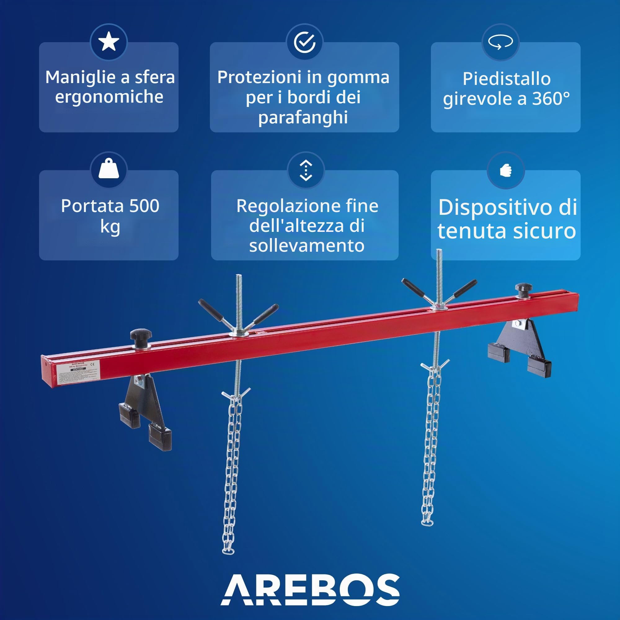 Arebos Ponte motore 500 kg [730-1480 mm] Traversa parafango Sollevatore motore Supporto motore Traversa motore | Acciaio verniciato | Rosso