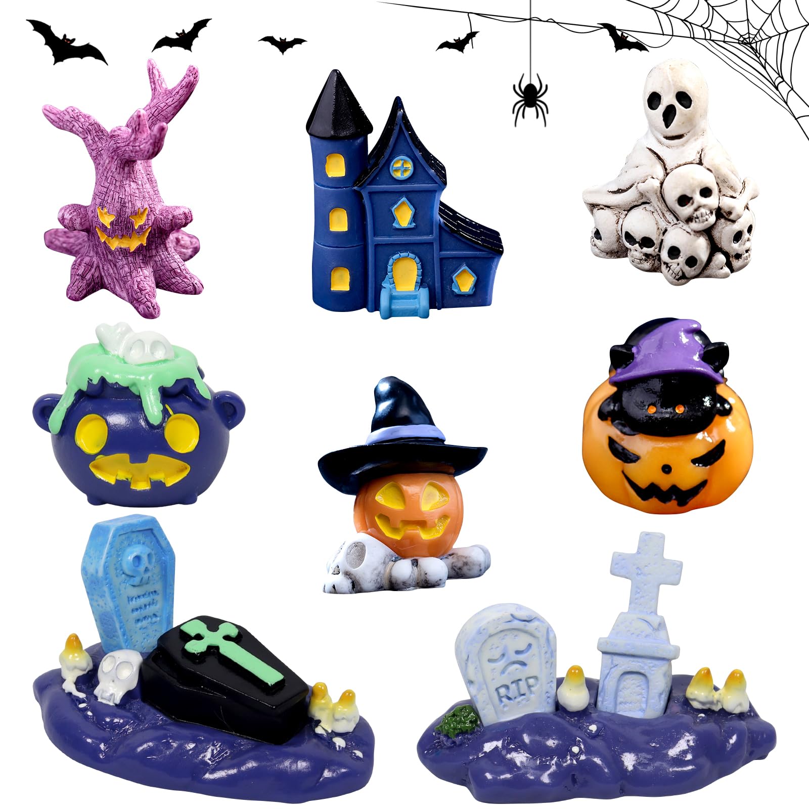 Qunkun Halloween Deko, 8 Stück Mini-Grabdekorationen, Desktop Mikro Dekoration, Miniatur Harz Ornament, Party Mikro Ornamente, Halloween Miniatur Harz Ornament für den Außenbereich, Haus, Garten