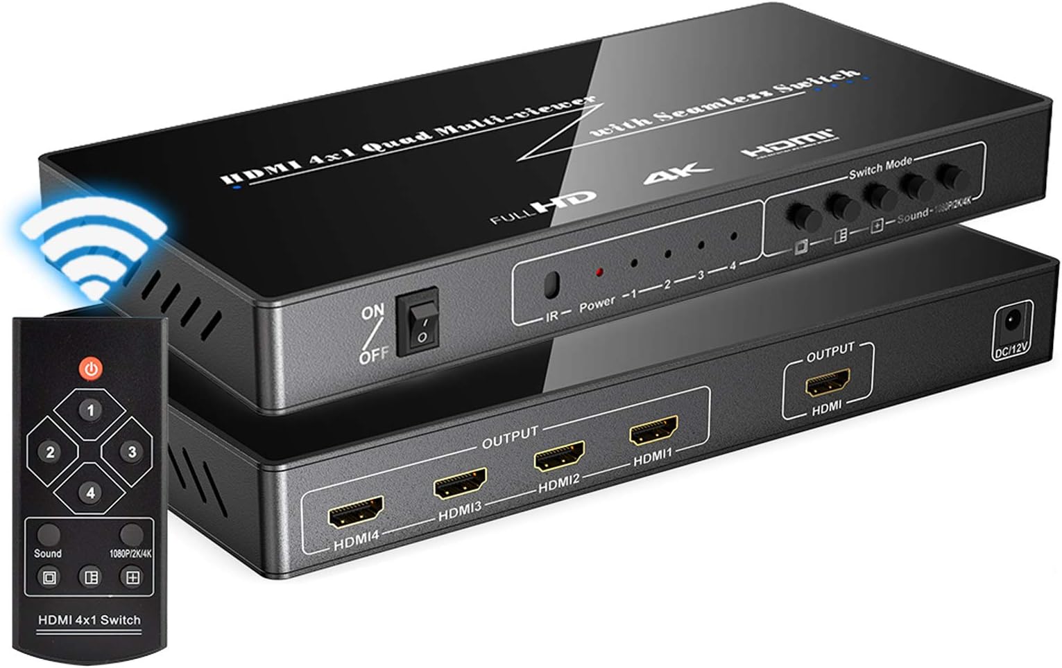 4K 4 in 1 Out HDMI Multi-Viewer, 4K@30Hz 2K@60Hz HDMI Screen Splitter with Sound Switch 4 Modes, Seamless Switch for Engineer, Exhibition Hall, Video Meeting, Surveillance, Display Mall etc.
