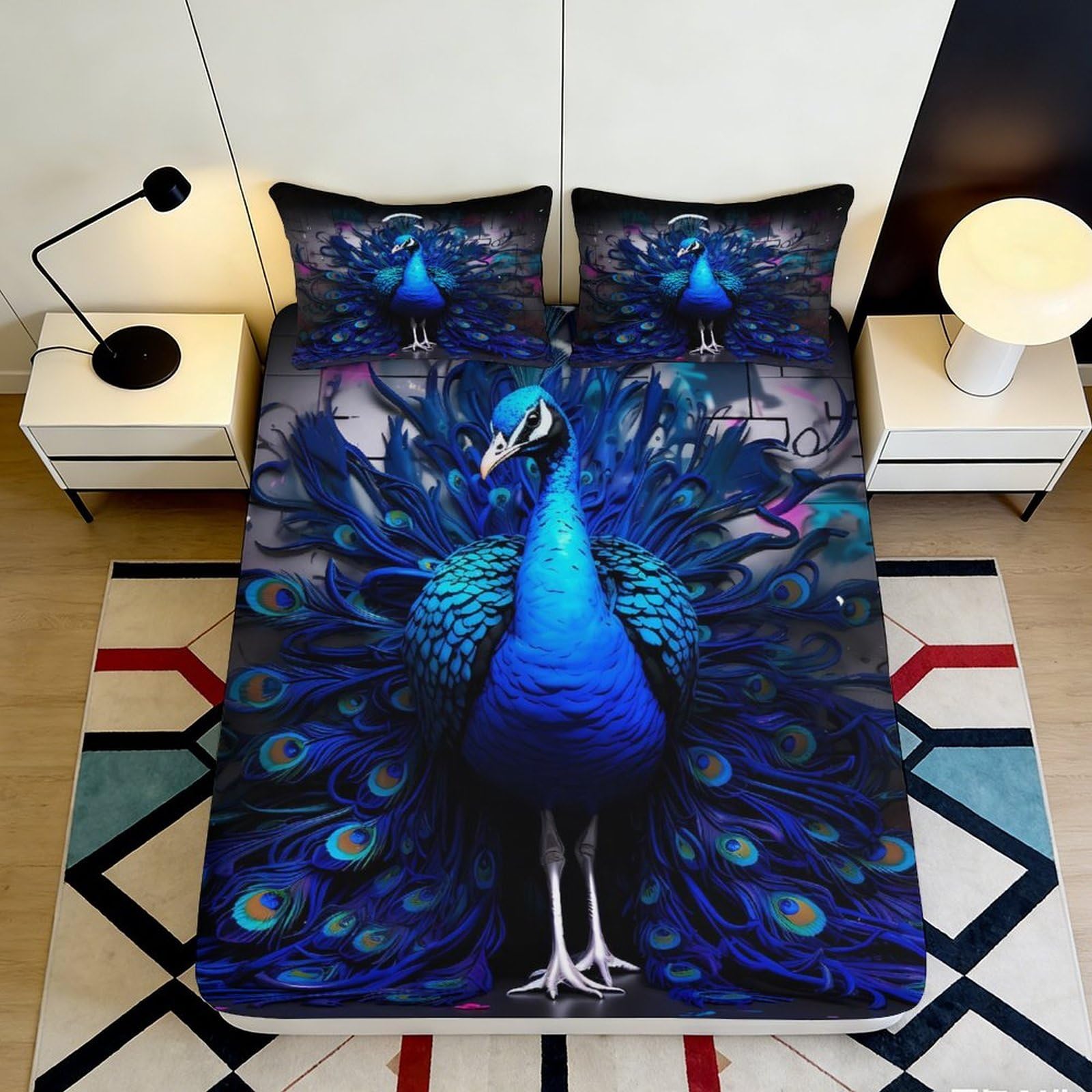 3D Printed Blue Peacock Fitted Sheet Microfiber Soft Durable Bed Sheet with 3D Printed Peacock Design Mattress Cover for Bedroom Dormitory Guest Room 120x200x25cm