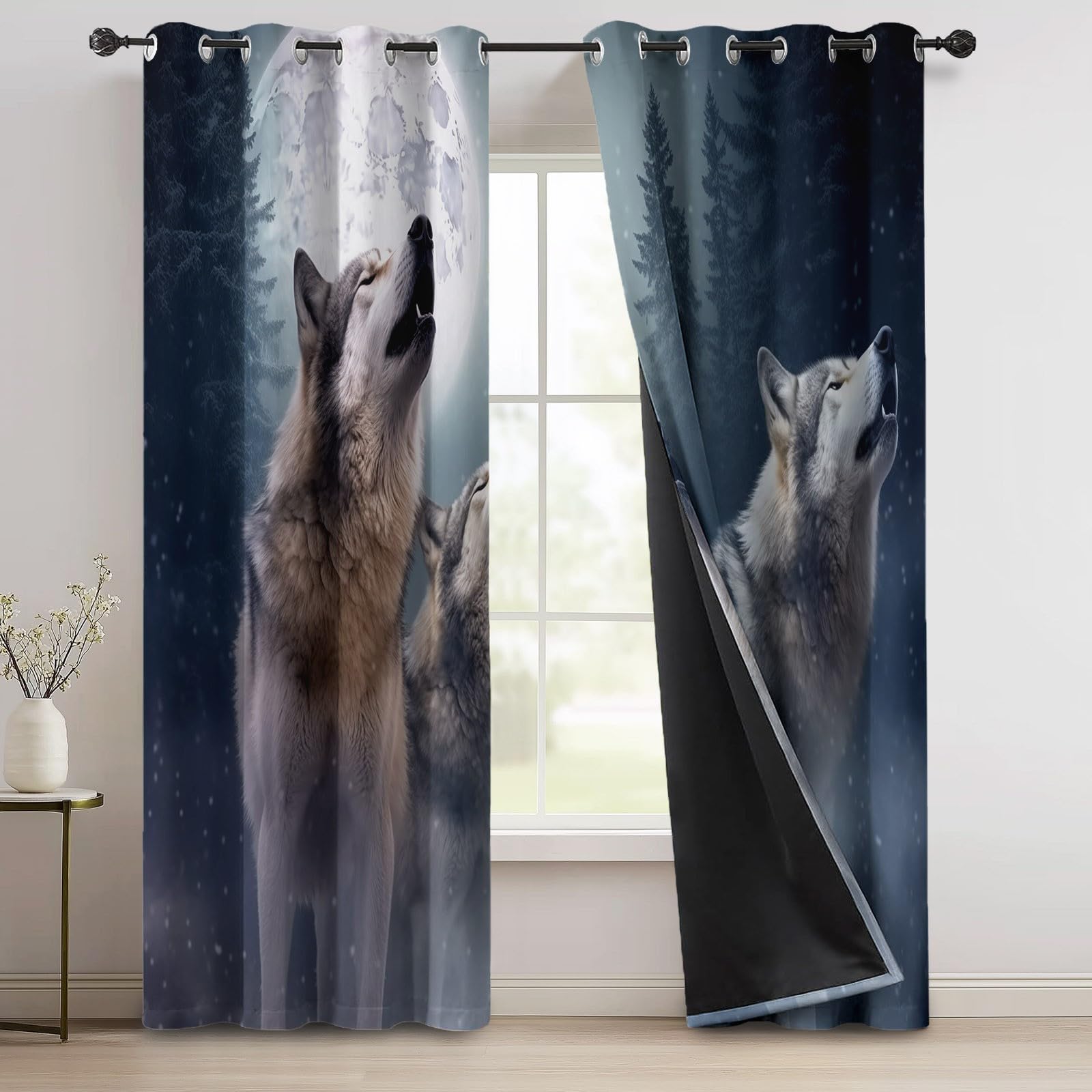 100% Verdunkelungsvorhänge H166 x B75 cm (2er Set), Wolf Schneetier, Thermo-Schutz für kleine Fenster und Flur, grau