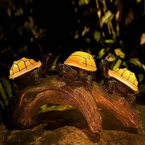Luz solar de estatuas de tortugas de jardín, decoración solar de tortugas al aire libre con 3 luces LED cálidas, luz impermeable de animales para