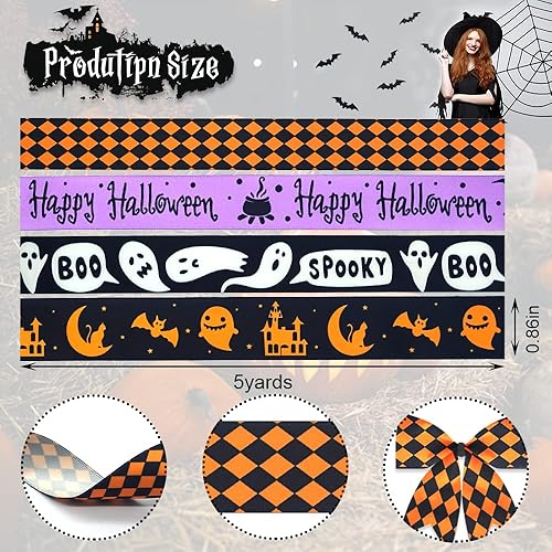 Miniatura 7 de 4 rollos de cintas de satén de Halloween para envolver regalos, cintas de Halloween naranja y negro para decoración de fiestas de bricolaje, 0.9