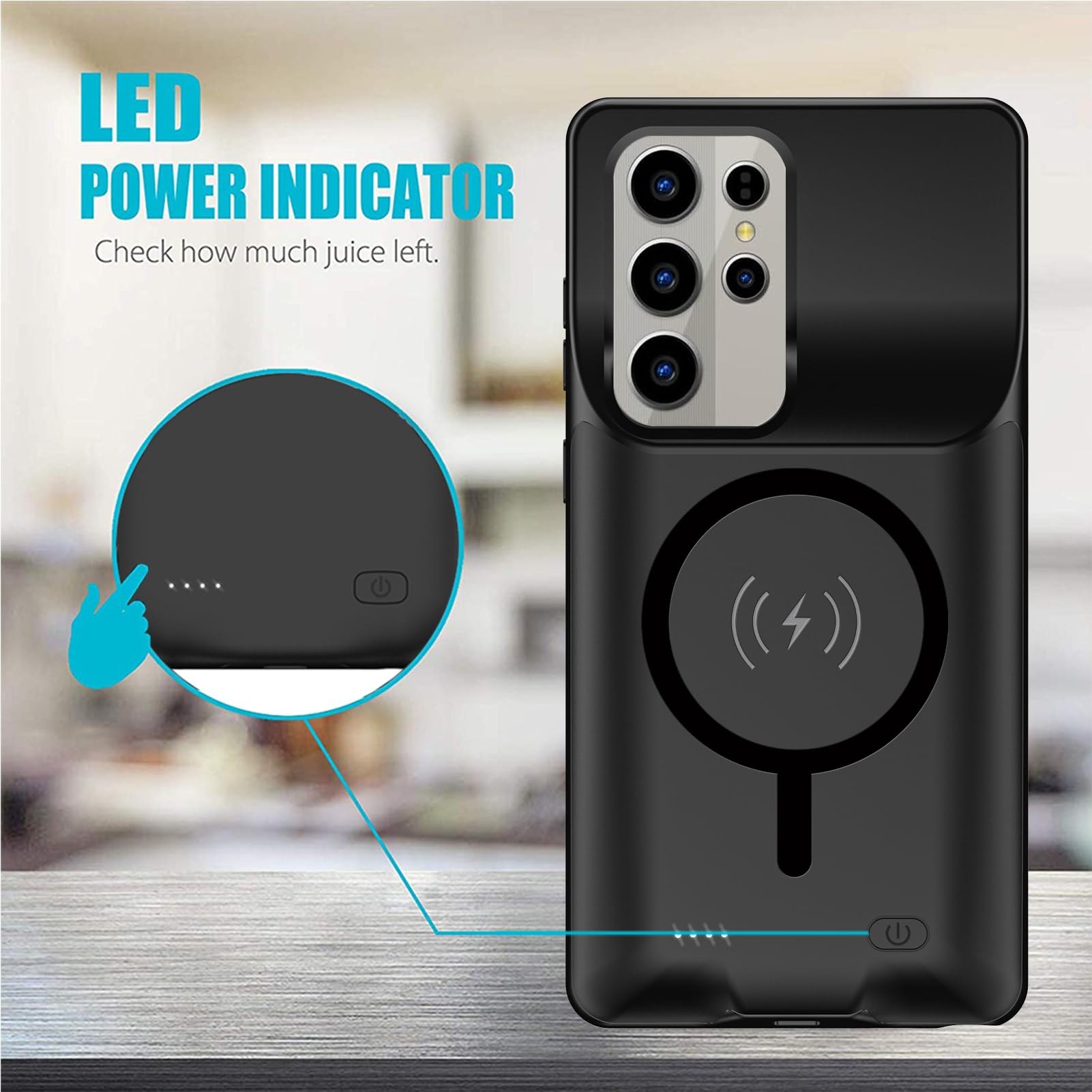 Cover a batteria per Samsung Galaxy S25 Ultra, 10000 mAh, magnetica, compatibile con ricarica wireless, custodia di protezione per caricabatterie di emergenza estesa, colore: Nero