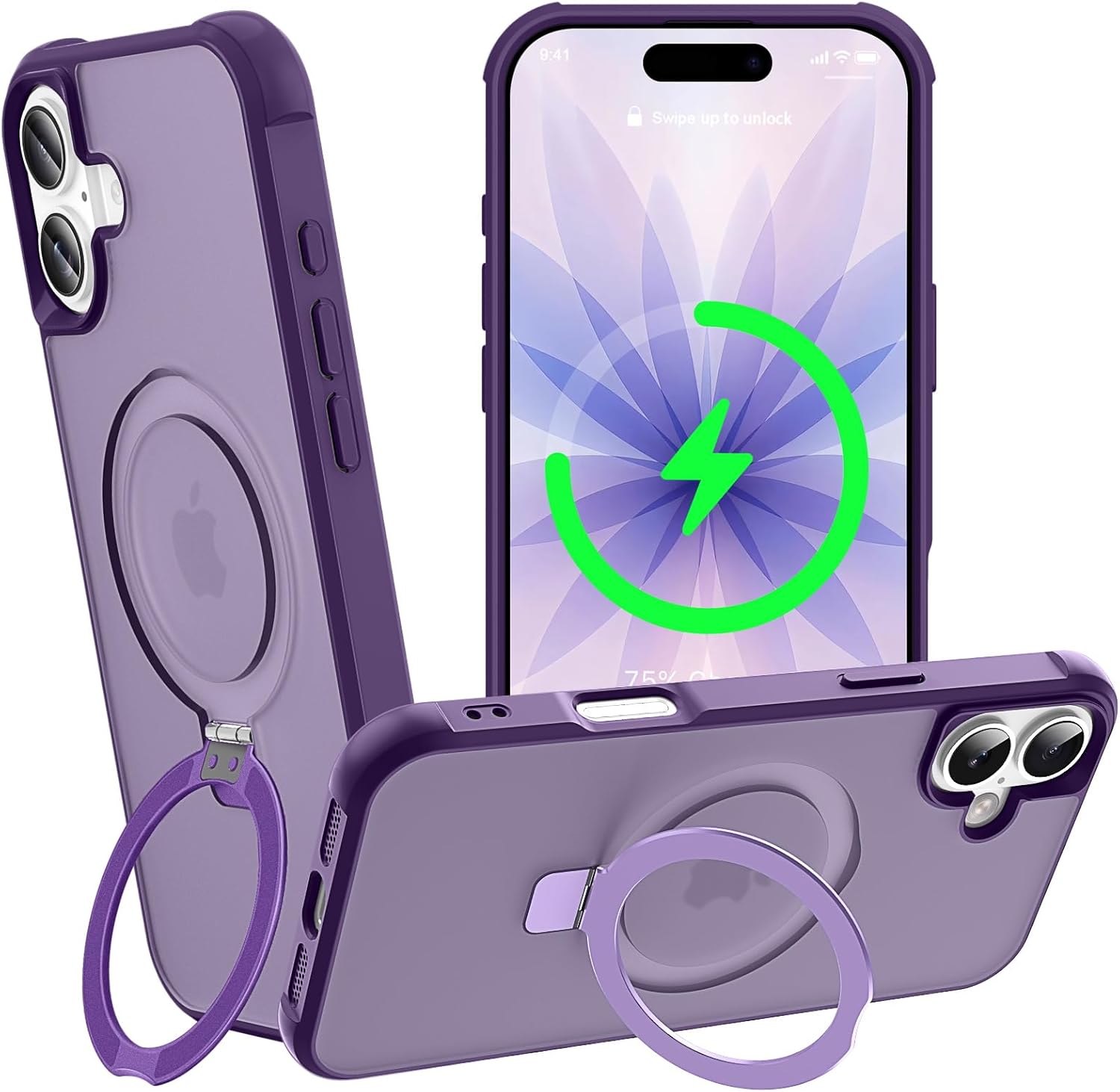 Magnetic Compatible with iPhone 17 Case with Stand [Military Grade Drop Tested][Compatible with Magnet] Ring Translucent Slim Hard Back Soft Edge, Purple
