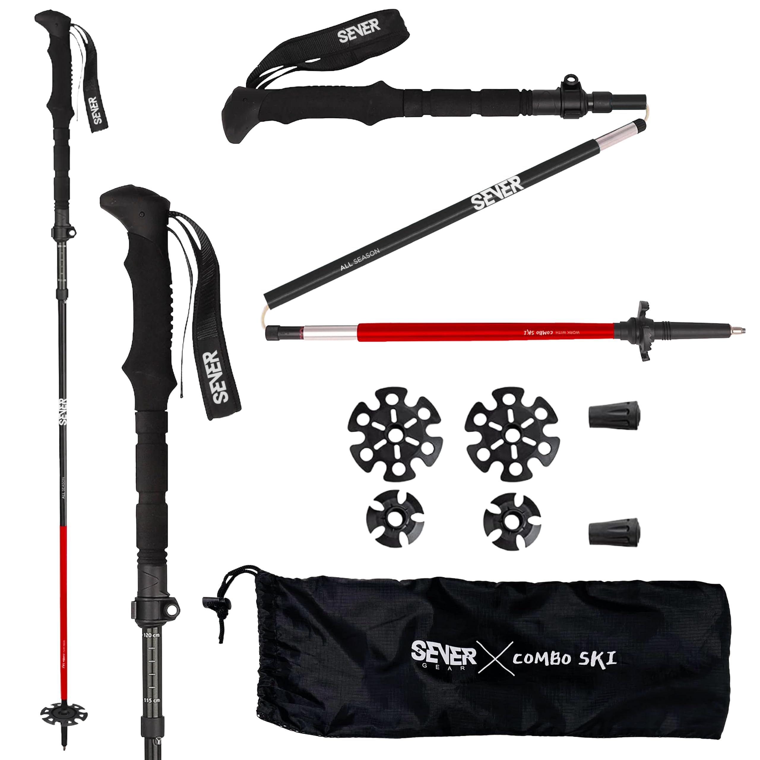 Nordic składane kijki trekkingowe, aluminiowe kijki z regulacją długości do 145 cm i lekkie, 3 końcówki na zimowe i letnie wycieczki