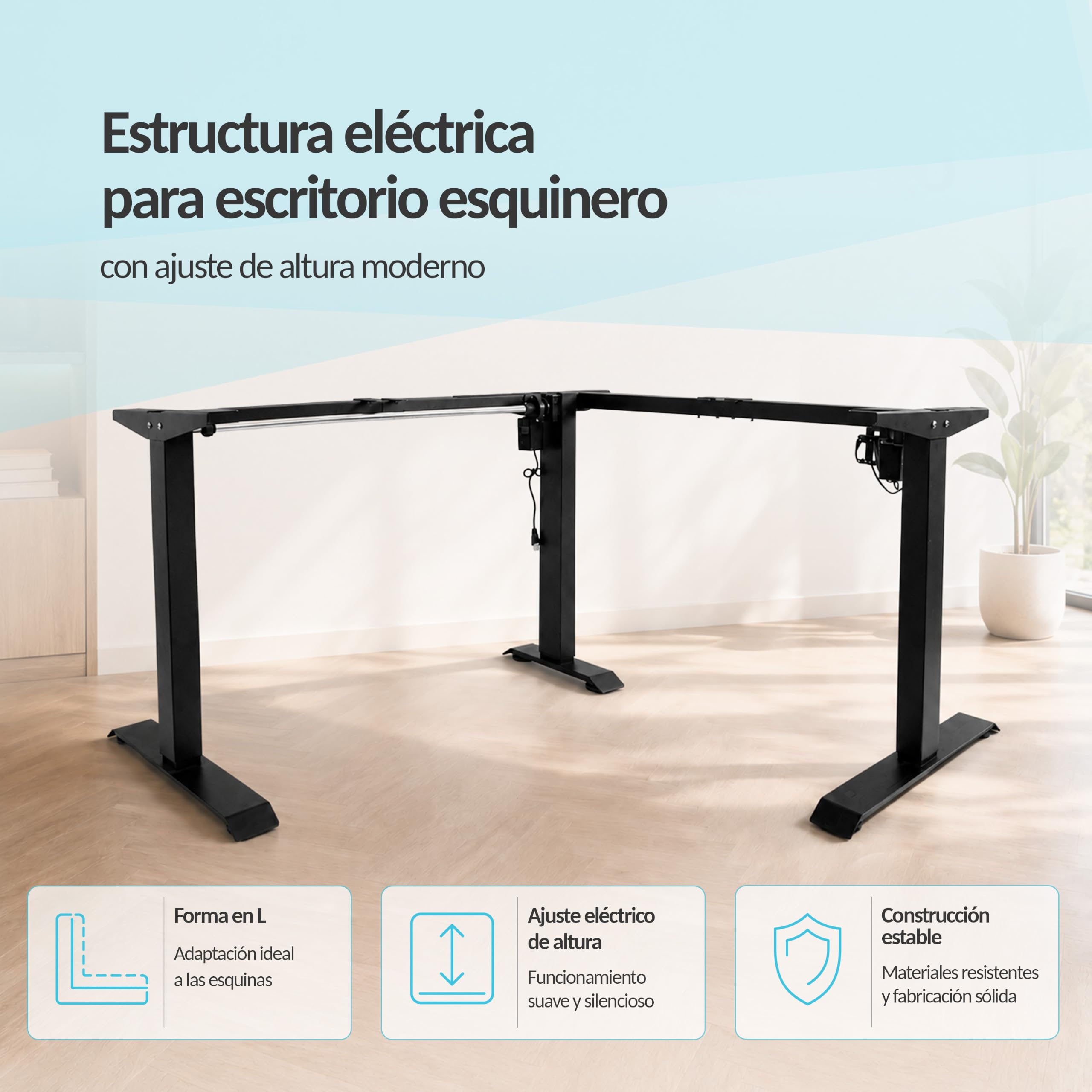 POKAR Estructura para Escritorio Elevable en L Eléctrica | Ángulo Regulable de 0 a 90°, Altura 70 a 118 cm | Panel de Memoria con USB-C y USB-A | Base para Mesa Elevable Sentado y de Pie | Blanco