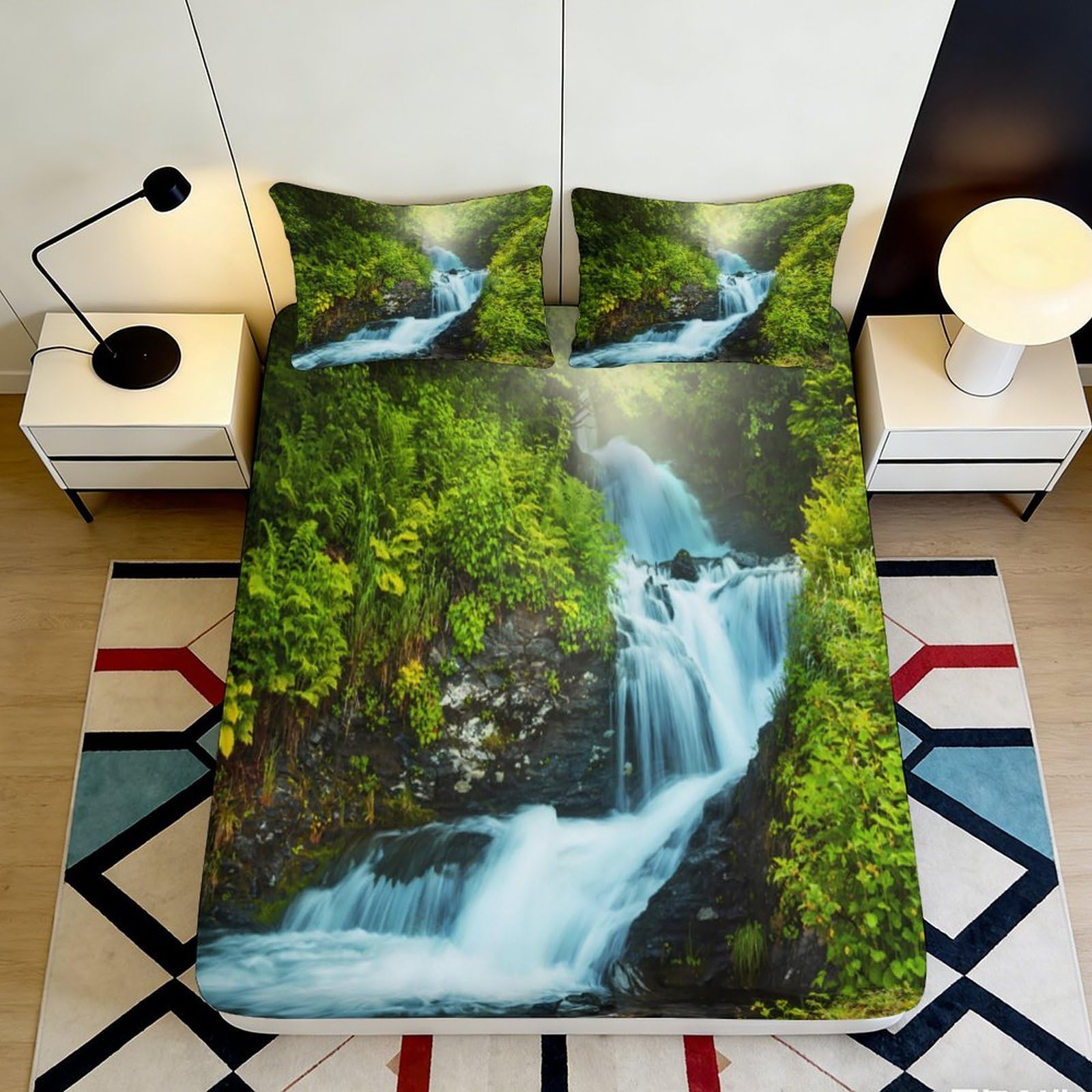 3D Printed Waterfall Fitted Sheet Microfiber Soft Breathable Forest Stream Bed Cover for Bedroom Dormitory Guest Room Mattress Protection Decor 180x200x25cm
