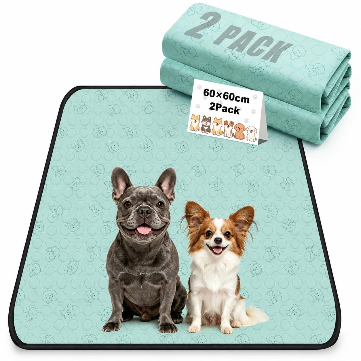Zlune 2 Pack Washable Pee Pads for Dogs, Reusable Training Puppy pads Absorbency Non-Slip & Leak-Proof for Pet Whelping Box Playpen Crate Sofa Bed Floors (60cm × 60cm ,Green)
