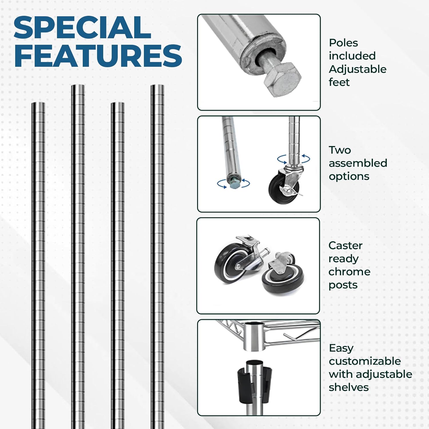 Stainless Steel Chrome Wire Shelving Posts – Set of 4 Poles (14") – Heavy Duty, Commercial Grade for Wire Racks & Storage Shelving Units