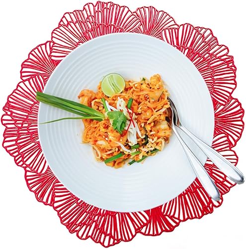 Miniatura 3 de Juego de 6 manteles individuales redondos de color rojo con diseño de acacia dulce, manteles individuales de vinilo de Navidad, manteles