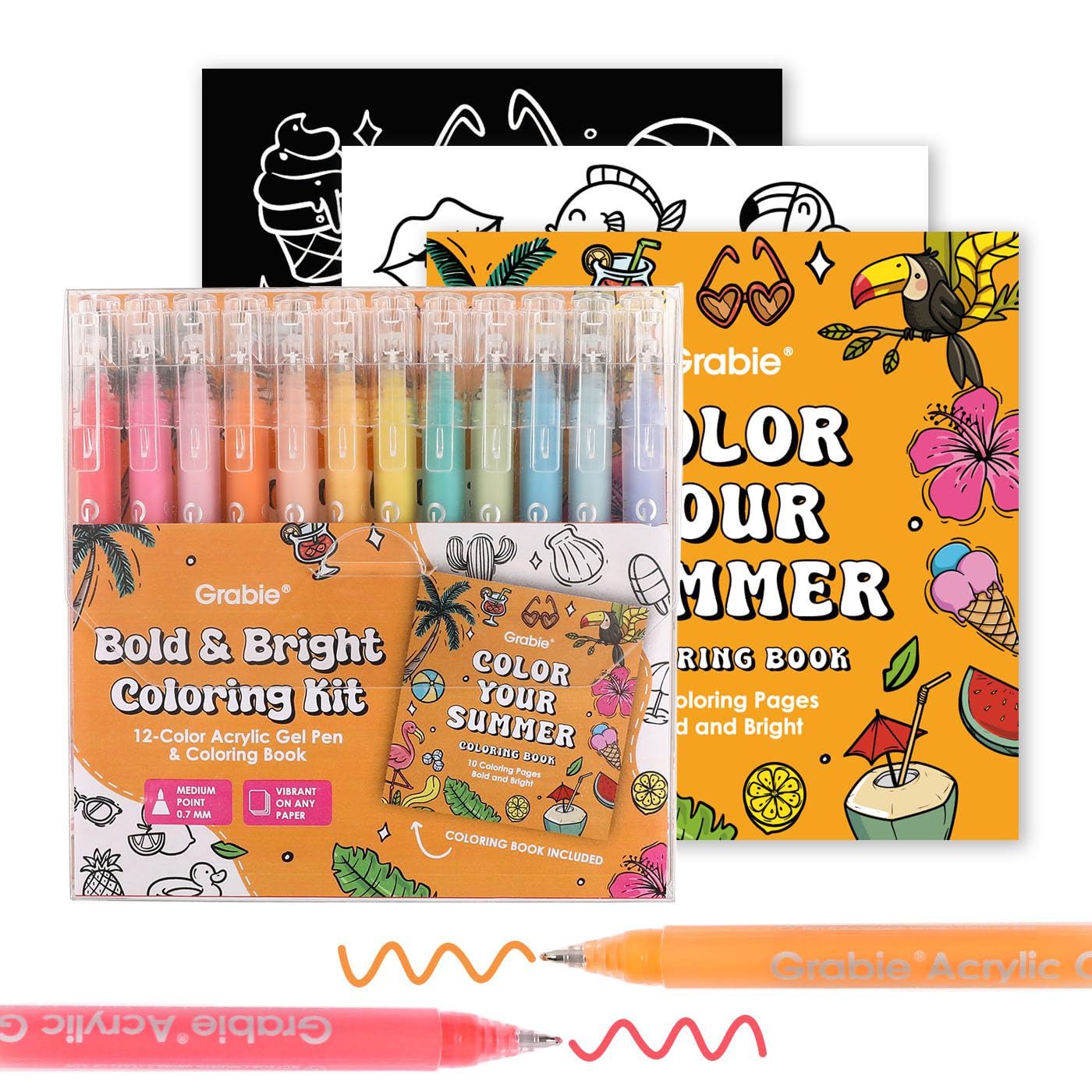 Grabie Acryl-Gelstifte und Malbuch, mittlere Spitze, farbige Gelstifte, Acryl-Gelschreiber, 12 Farben zum Zeichnen, Notizen, kräftiges und helles Malset, 12 Stück (Summer Colors)