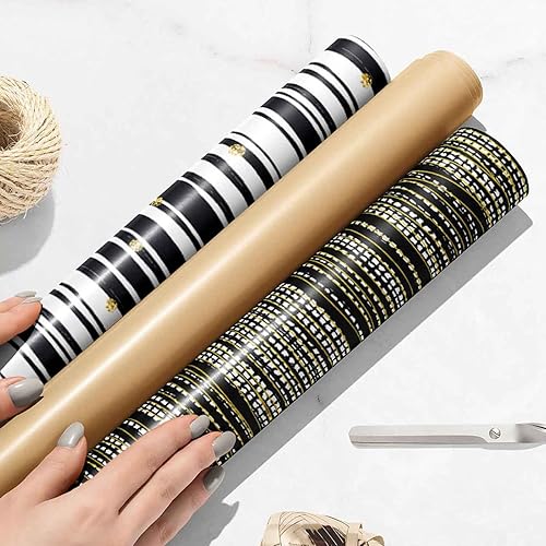 Rollo de papel de regalo, 17 x 120 pulgadas por rollo, 3 diseños diferentes de papel de regalo negro y dorado para hombres, fiestas de cumpleaños de disponible en Yaxa Colombia