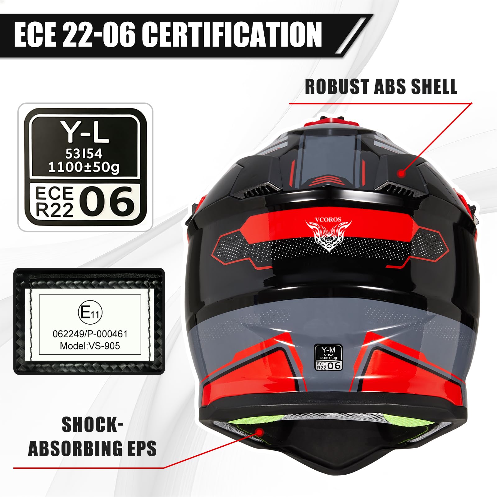 VCOROS Casco Motocross Bambino Set VS-905 Omologato ECE 22.06 per Dirt Bike