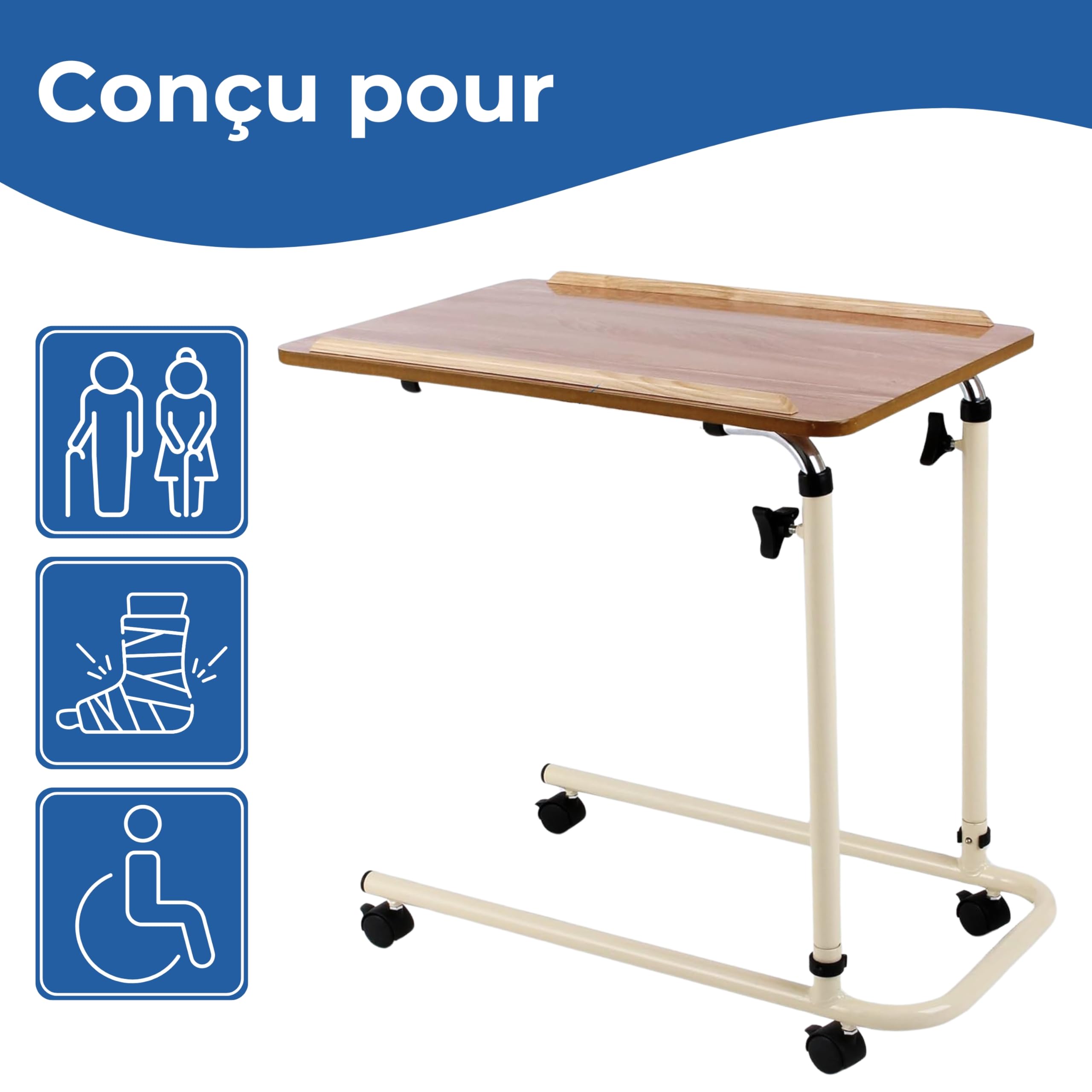 Days Overbed Table with Castors, Laptop Desk with Wheels, Bedside Table, Study Desk, Fully Adjustable Height and Angle, Laminated Top, Flat Packed