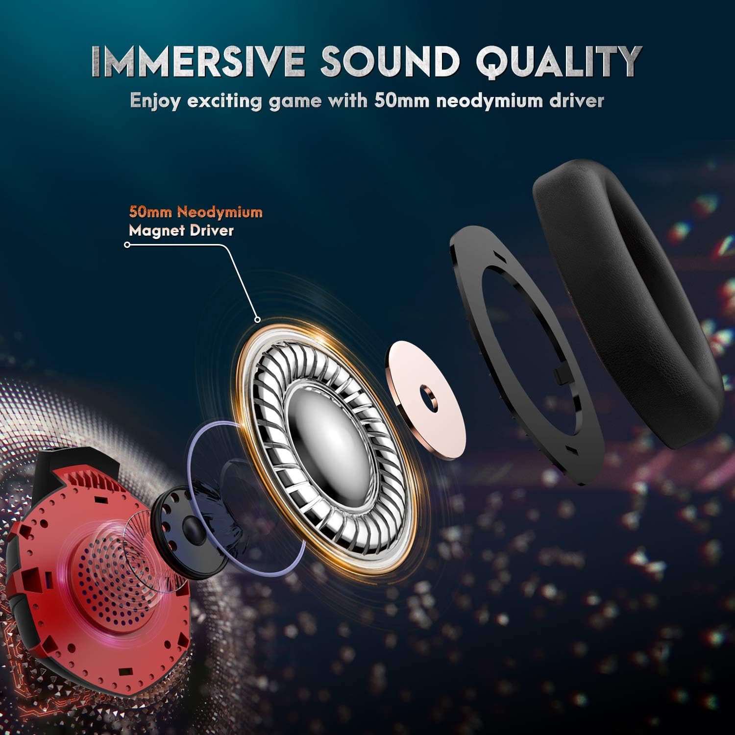 Exploded view of the ONIKUMA K2-PRO headset's 50mm neodymium magnet driver, illustrating immersive sound quality.