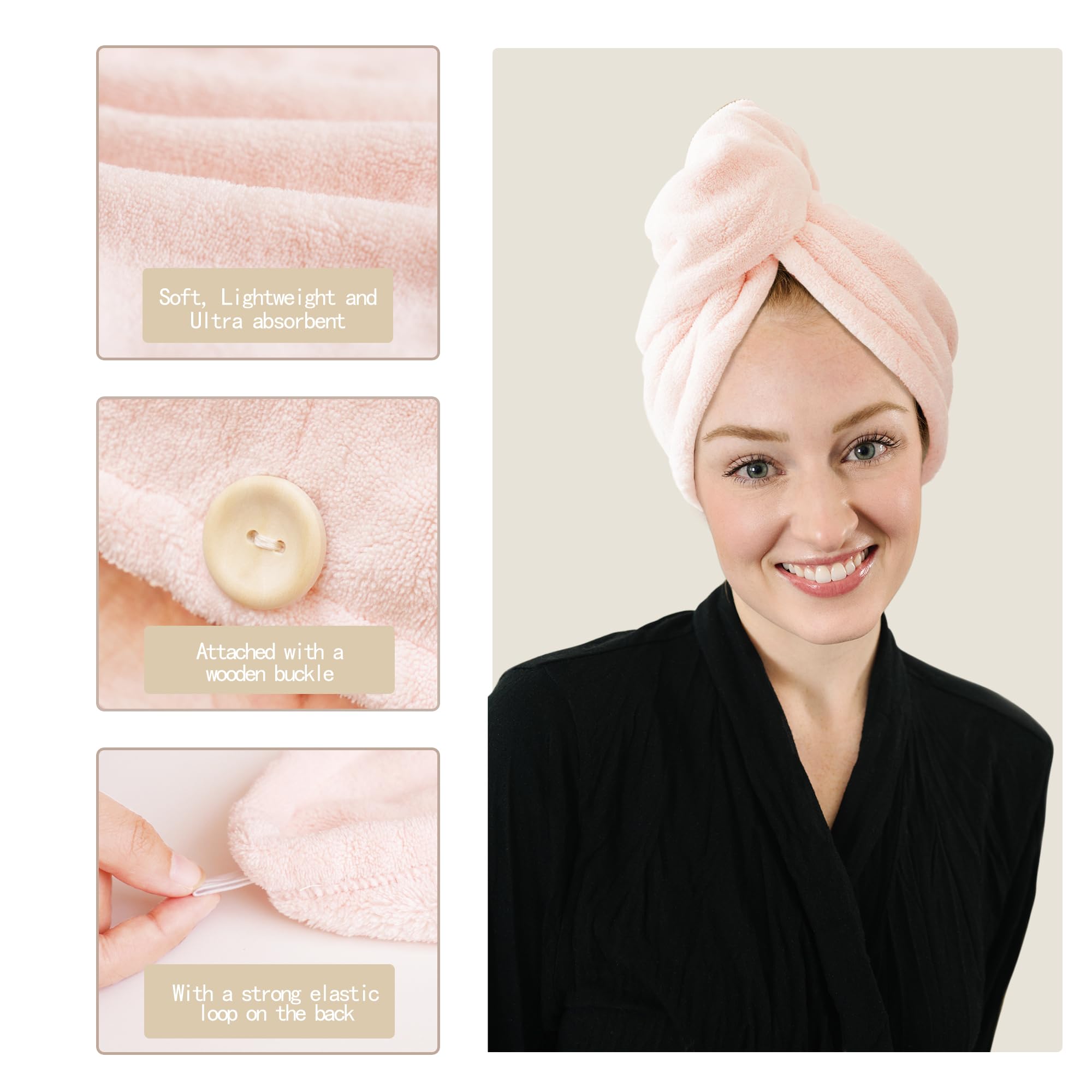 ROLSHOL Extra Großes 4er-Pack Mikrofaser-Haartuch zum Wickeln für Frauen Super saugfähige & schnell trocknende Haartrocknertücher mit Knopf, Haarturbane für lockiges Haar Langes & kurzes Haar