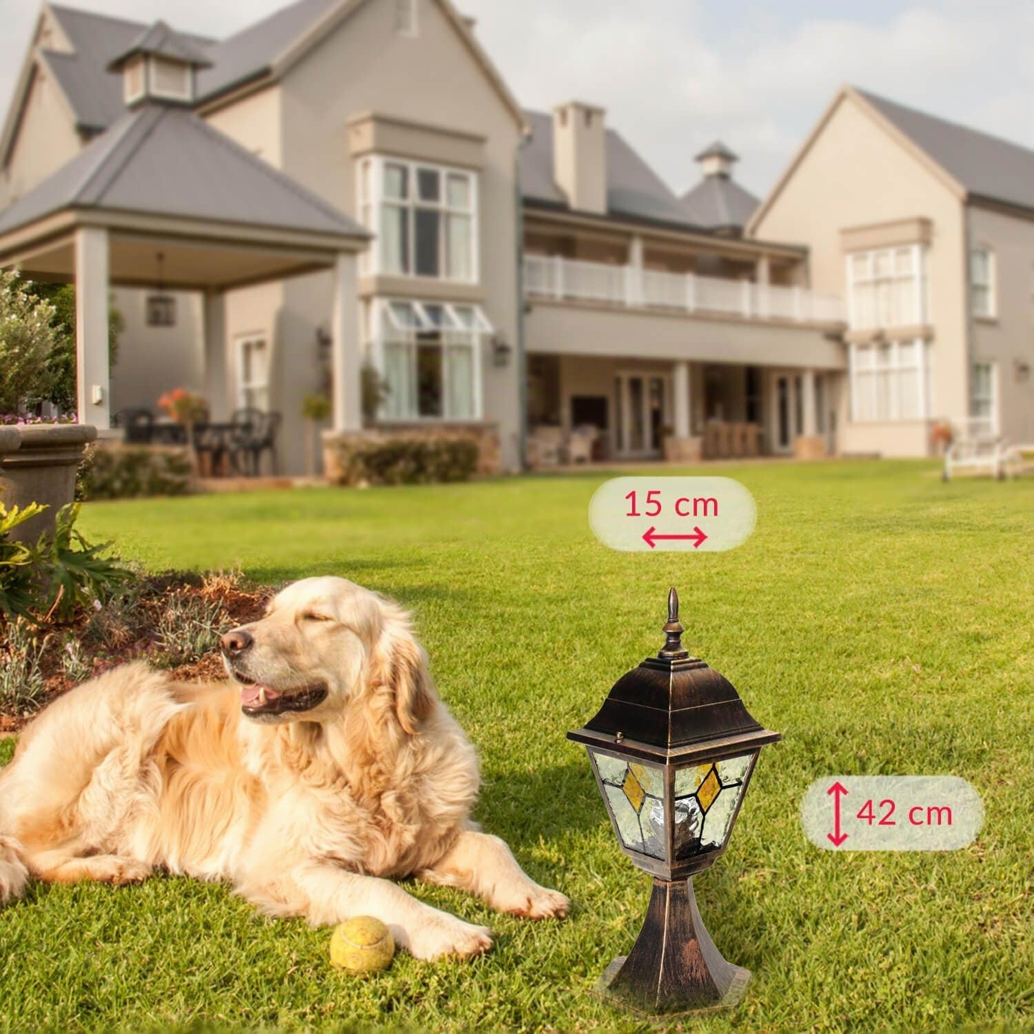 Licht-Erlebnisse Lámpara de pie de exterior sobremuro de cristal de cobre antiguo A:42cm E27 Lámpara de Pedestal Iluminación de terraza balcón jardín