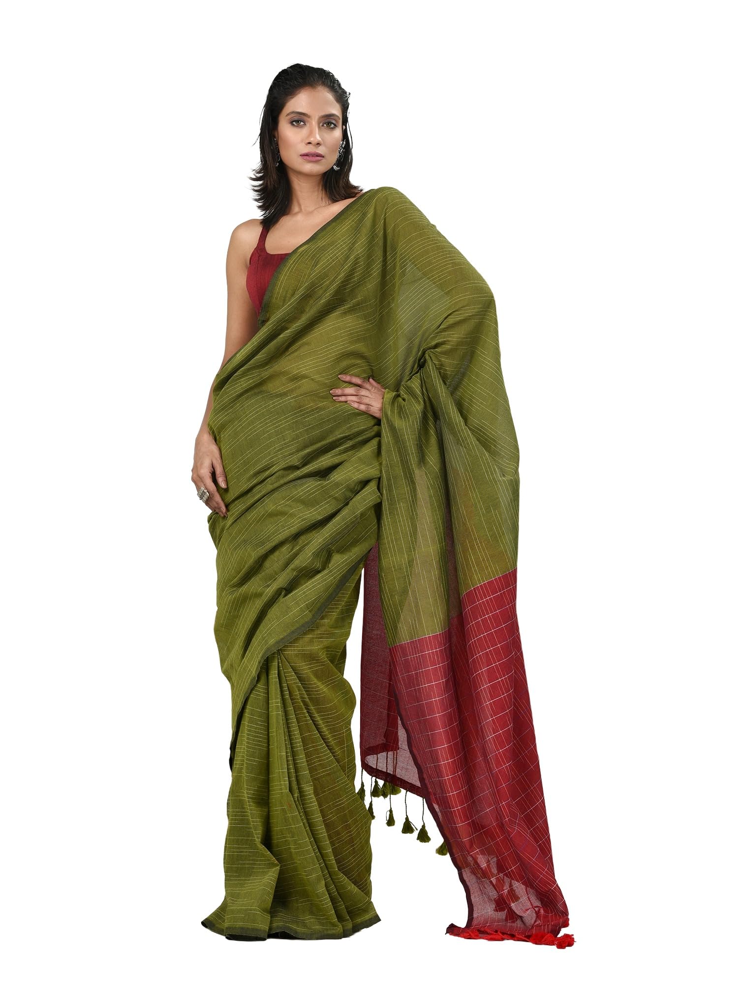 Green Cotton Handspun Soft Saree With Contrast Red Pallu-image-29