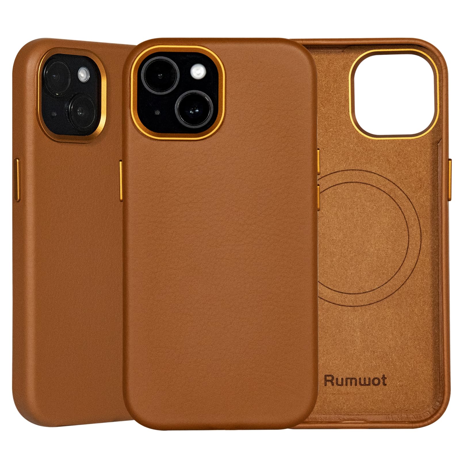 Photo 1 of Rumwot for iPhone 15 Leather Case | Genuine Full Grain Leather| Compatible with MagSafe and Wireless Charging | Metal Buttons Camera Bezel | Slim Fit-Drop and Scratch Resistant(Brown)