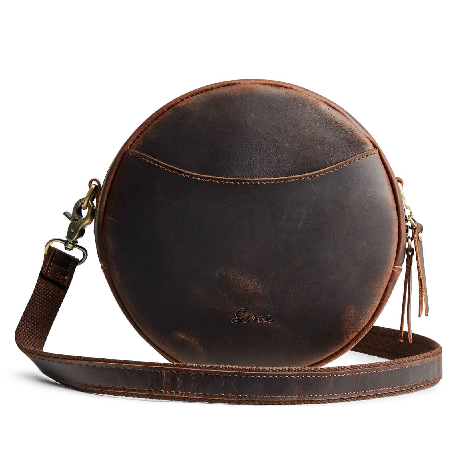 S-ZONE Leather Crossbody Bags for Women Circle Shoulder Round Purse Travel Top Grain Leather, Keychain, Designer Handbag, Vintage, Multi Pockets, Detachable Strap, Eveyday Outing