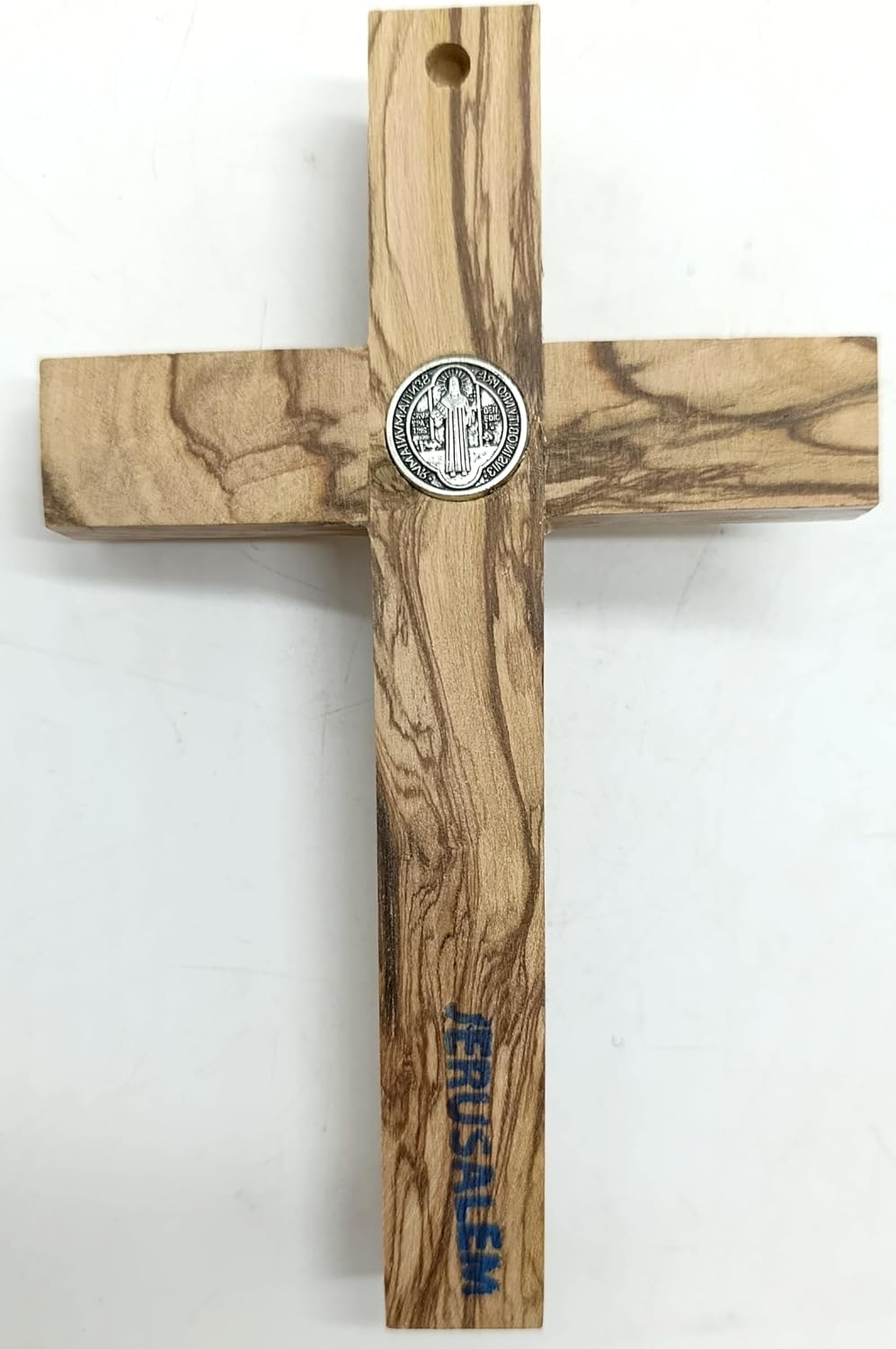 Zuluf 6.3" Olive Wood Wall Crucifix - Handmade in Bethlehem - Catholic Cross with Silver Tone Corpus & St. Benedict Medal - Religious Christian Home Decor & Blessing Gift